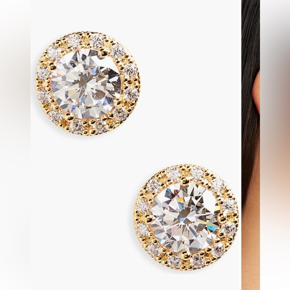 14k Gold Plated Faux Diamond Halo Pave Stud Earrings 3/8” Nordstrom